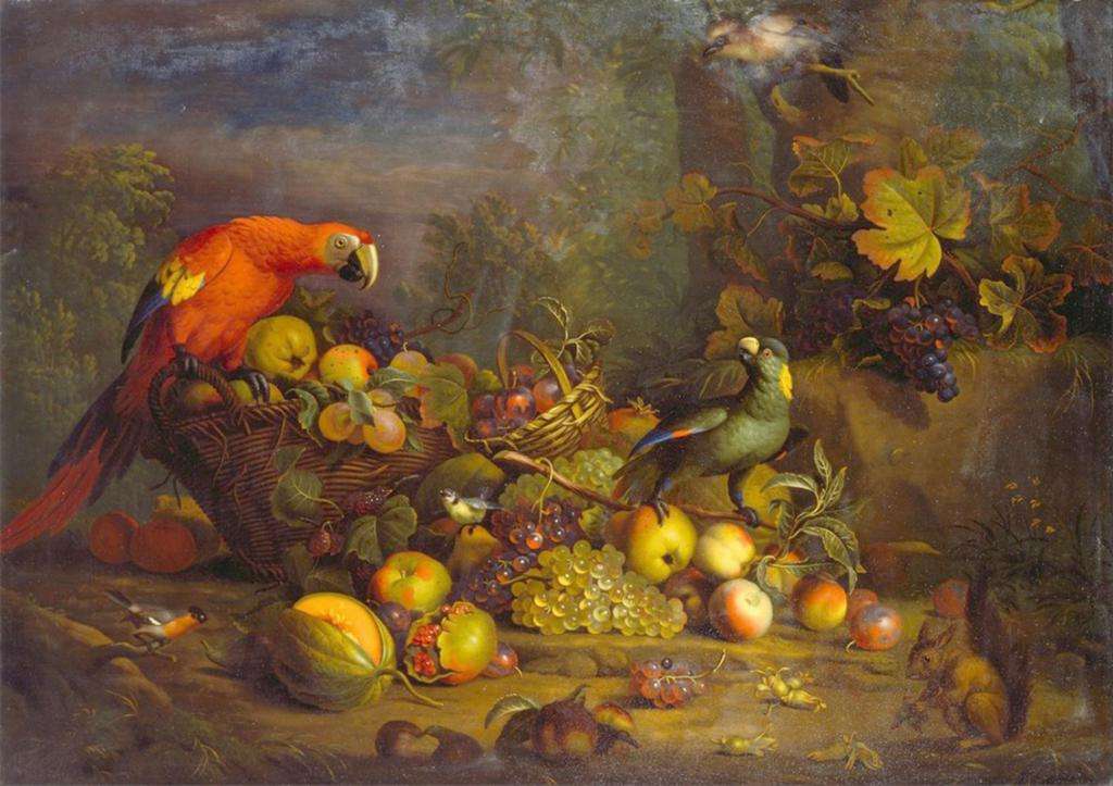 Картина попугай и фрукты